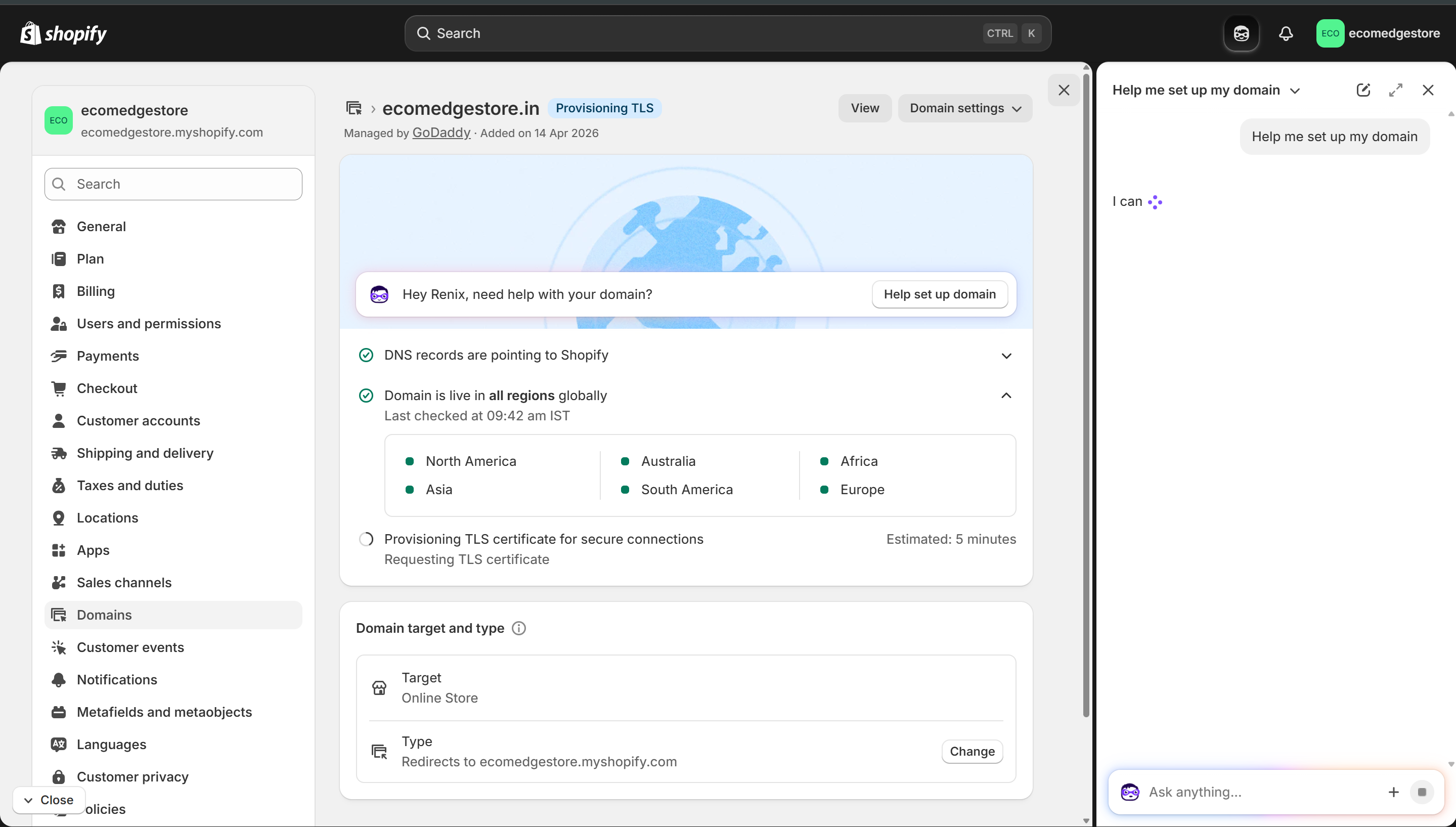 Shopify AI assistant — domain help chat